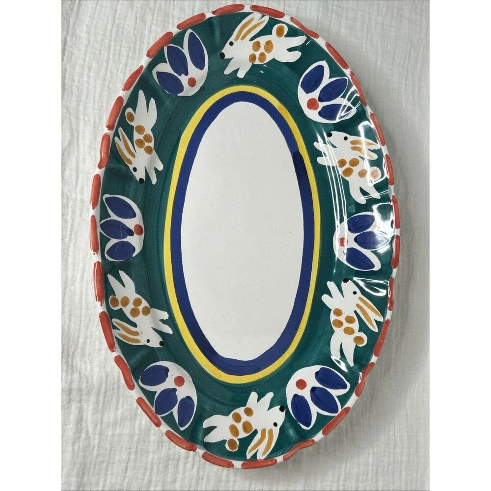 Pottery Barn Platter Mexican Folk Art Garden Animal Easter Bunny Rabbit Cottage